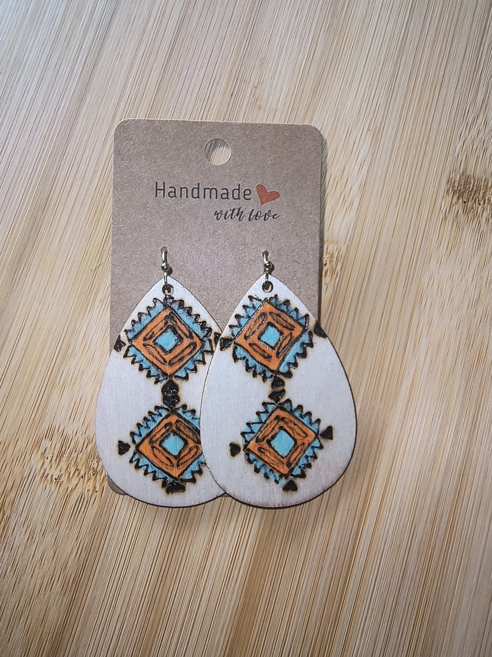 Hand Crafted Teardrop Wooden Earrings in Orange and Turquoise